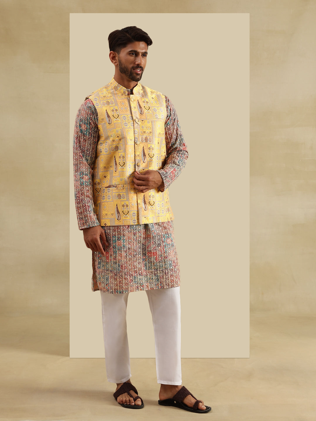 Men's Cotton Silk Multi color Kurta & White Pyjama With Jacquard Silk Yellow Nehru Jacket