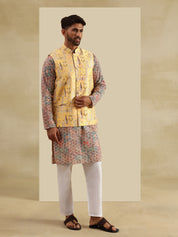 Men's Cotton Silk Multi color Kurta & White Pyjama With Jacquard Silk Yellow Nehru Jacket
