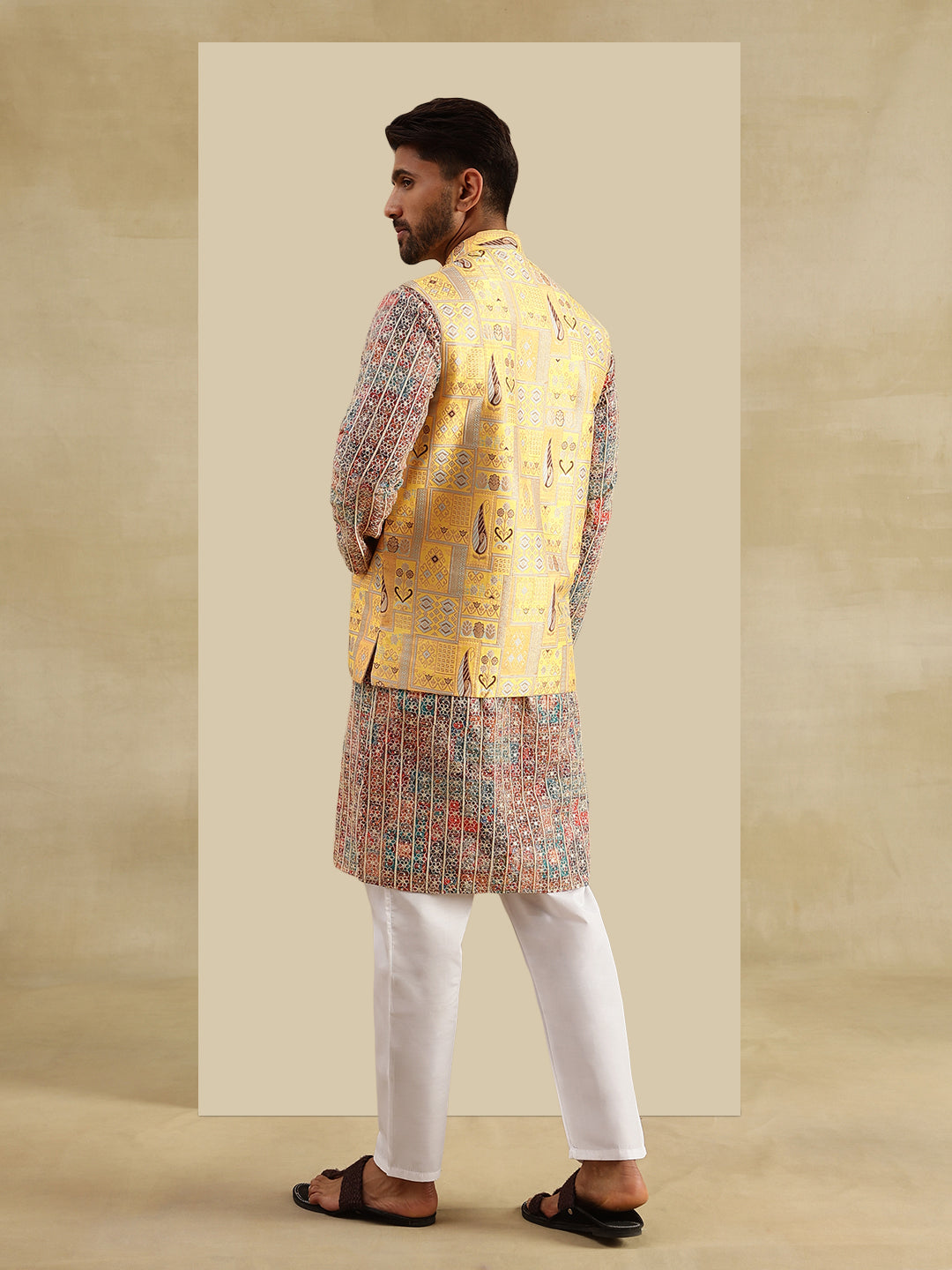 Men's Cotton Silk Multi color Kurta & White Pyjama With Jacquard Silk Yellow Nehru Jacket
