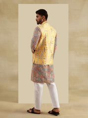 Men's Cotton Silk Multi color Kurta & White Pyjama With Jacquard Silk Yellow Nehru Jacket
