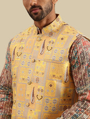 Men's Cotton Silk Multi color Kurta & White Pyjama With Jacquard Silk Yellow Nehru Jacket