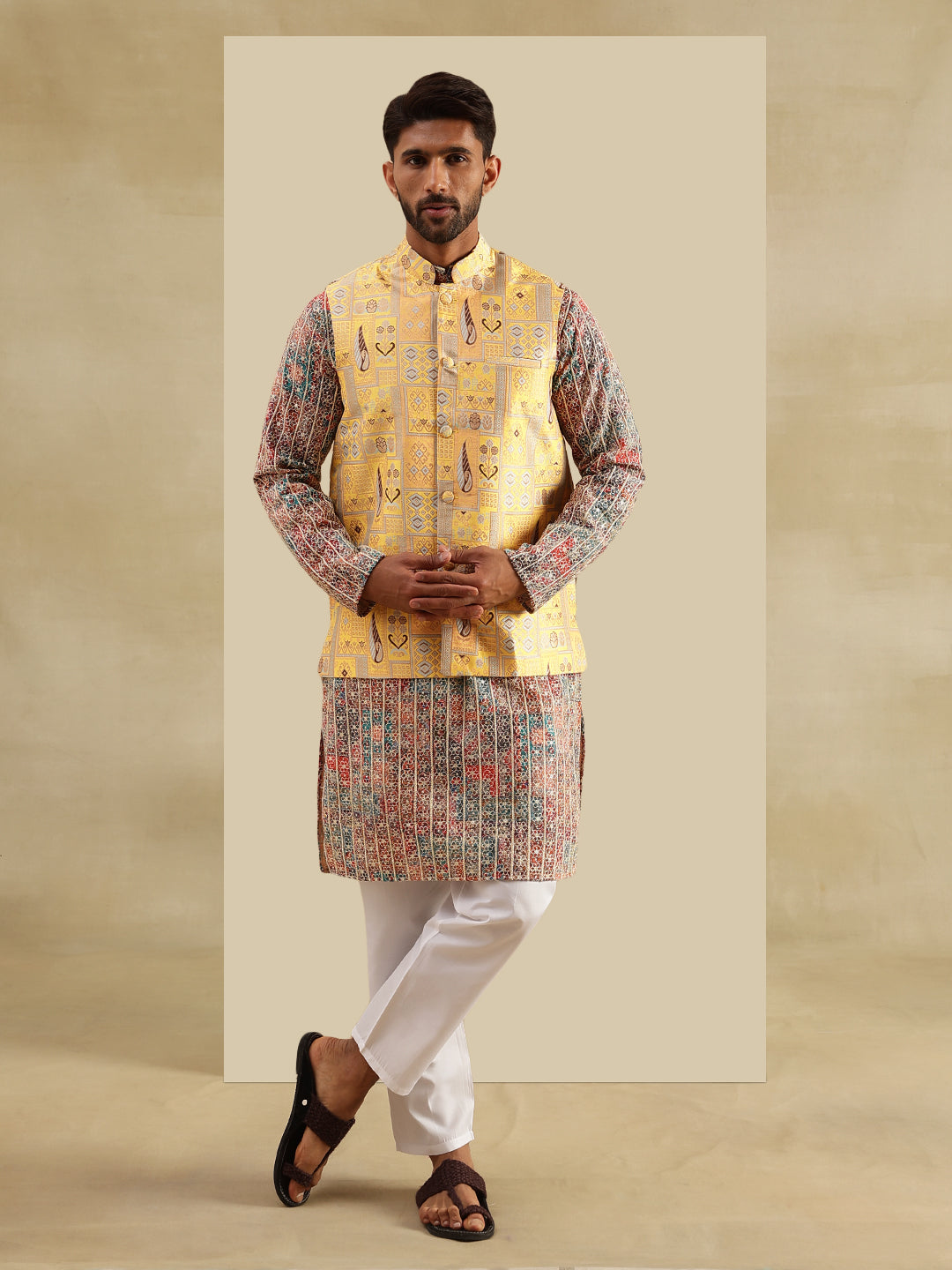 Men's Cotton Silk Multi color Kurta & White Pyjama With Jacquard Silk Yellow Nehru Jacket