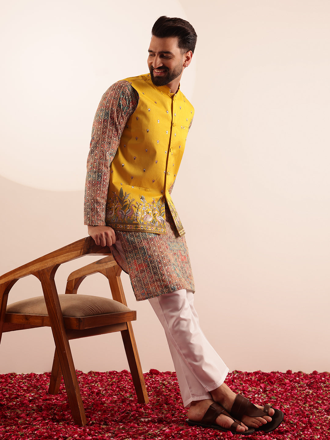 Men's Cotton Silk Multi color Kurta & White Pyjama With Daman Embroidered Yellow Jacket