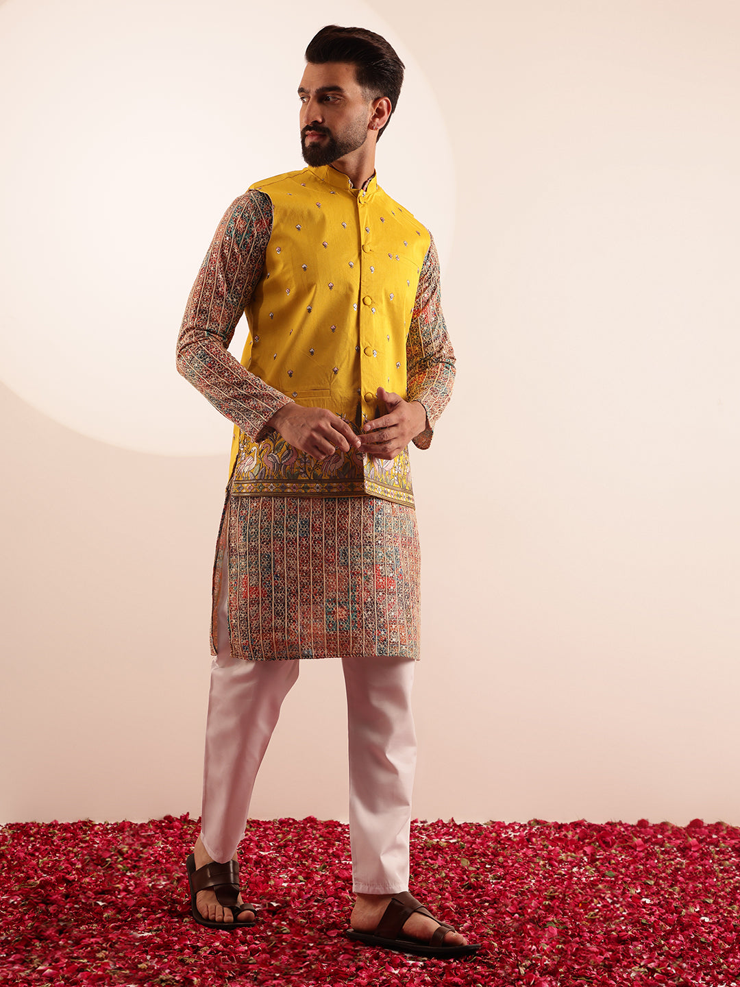 Men's Cotton Silk Multi color Kurta & White Pyjama With Daman Embroidered Yellow Jacket