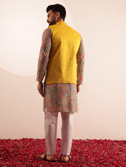 Men's Cotton Silk Multi color Kurta & White Pyjama With Daman Embroidered Yellow Jacket