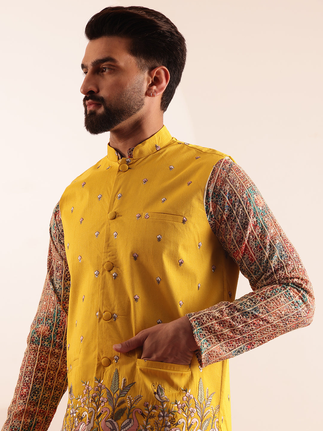 Men's Cotton Silk Multi color Kurta & White Pyjama With Daman Embroidered Yellow Jacket