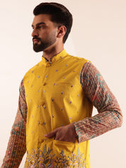 Men's Cotton Silk Multi color Kurta & White Pyjama With Daman Embroidered Yellow Jacket