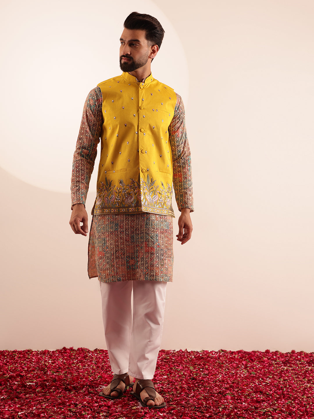 Men's Cotton Silk Multi color Kurta & White Pyjama With Daman Embroidered Yellow Jacket