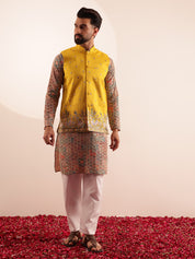 Men's Cotton Silk Multi color Kurta & White Pyjama With Daman Embroidered Yellow Jacket