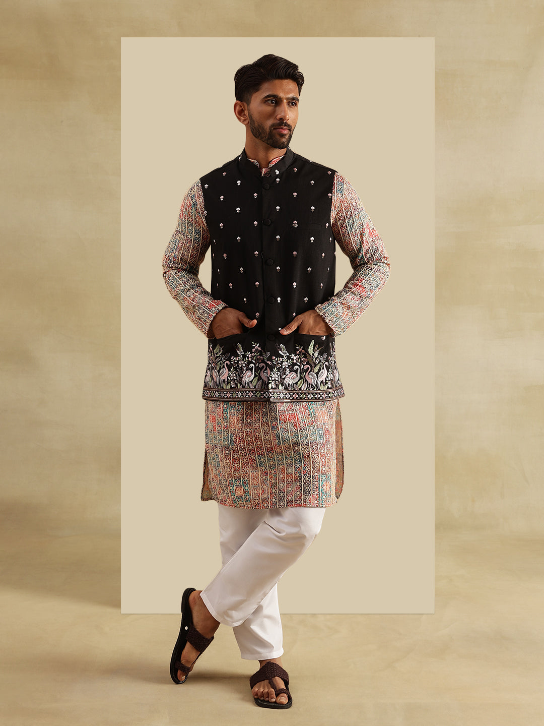 Men's Cotton Silk Multi Kurta and White Pyjama With Daman Embroidered Black Nehru Jacket