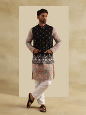 Men's Cotton Silk Multi Kurta and White Pyjama With Daman Embroidered Black Nehru Jacket