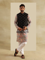 Men's Cotton Silk Multi Kurta and White Pyjama With Daman Embroidered Black Nehru Jacket