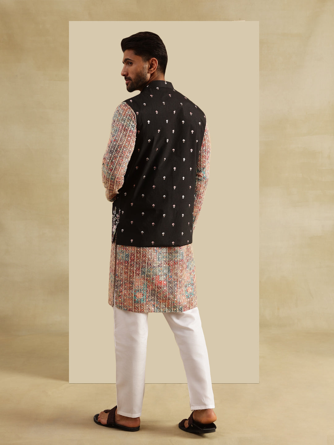 Men's Cotton Silk Multi Kurta and White Pyjama With Daman Embroidered Black Nehru Jacket