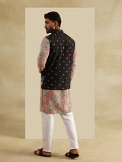 Men's Cotton Silk Multi Kurta and White Pyjama With Daman Embroidered Black Nehru Jacket