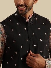 Men's Cotton Silk Multi Kurta and White Pyjama With Daman Embroidered Black Nehru Jacket