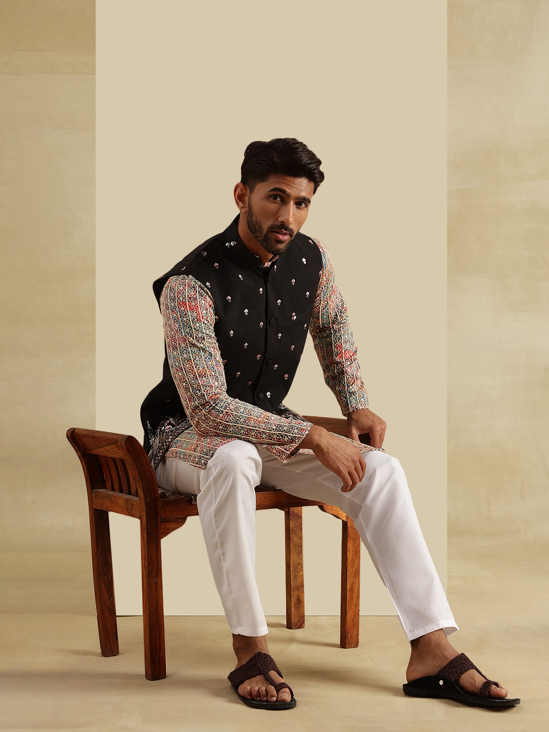 Men's Cotton Silk Multi Kurta and White Pyjama With Daman Embroidered Black Nehru Jacket