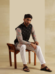 Men's Cotton Silk Multi Kurta and White Pyjama With Daman Embroidered Black Nehru Jacket