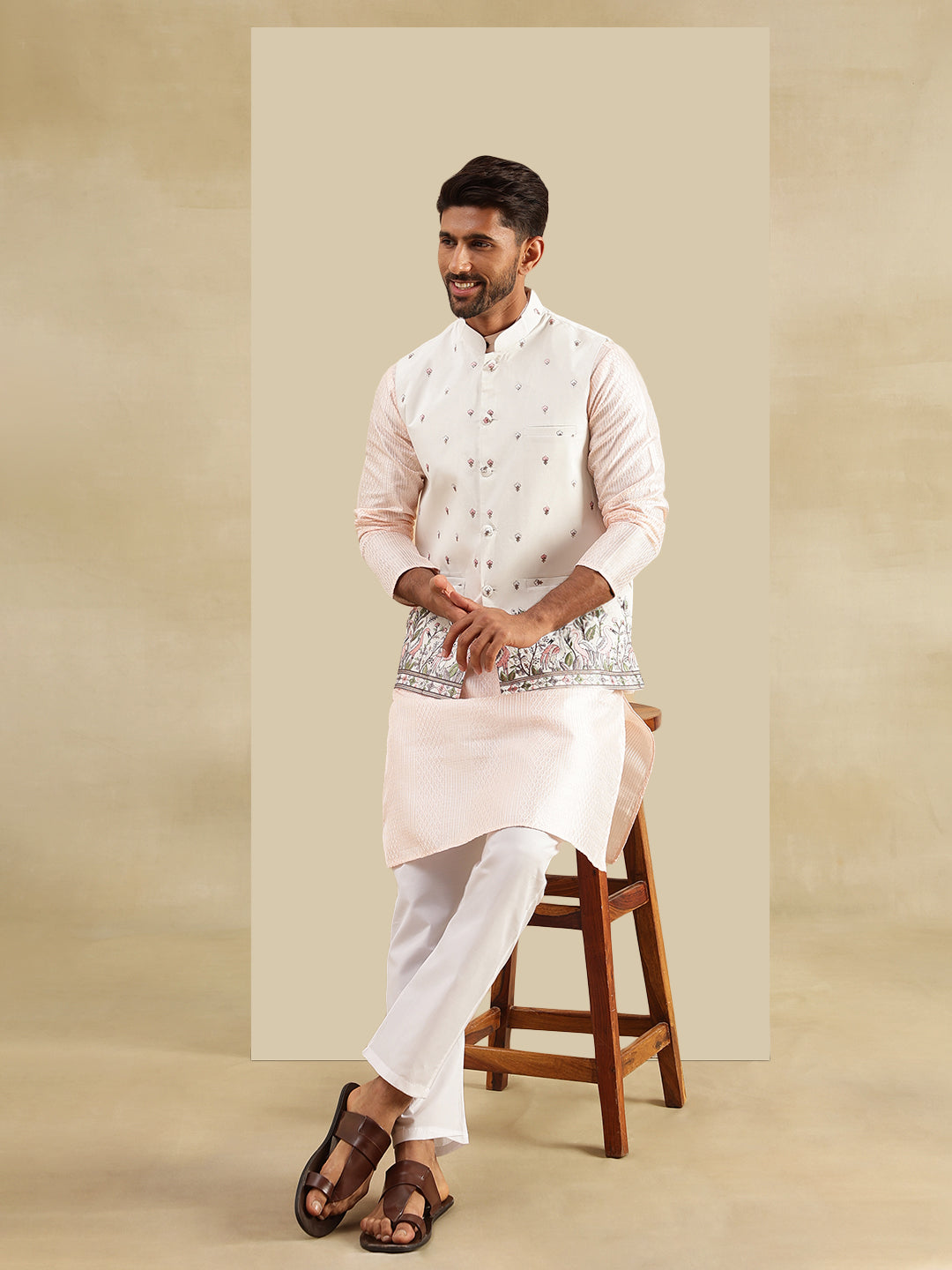 Men's Silk Blend Pink Kurta & White Pyjama With Daman Embroidered Cream Nehru Jacket