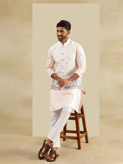 Men's Silk Blend Pink Kurta & White Pyjama With Daman Embroidered Cream Nehru Jacket