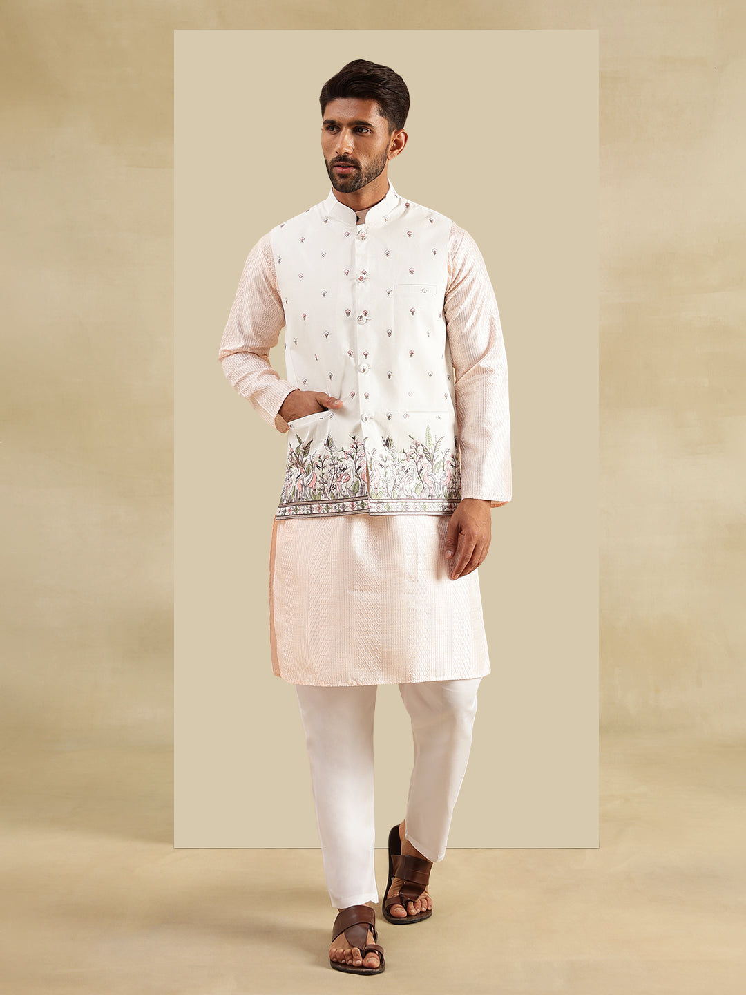 Men's Silk Blend Pink Kurta & White Pyjama With Daman Embroidered Cream Nehru Jacket