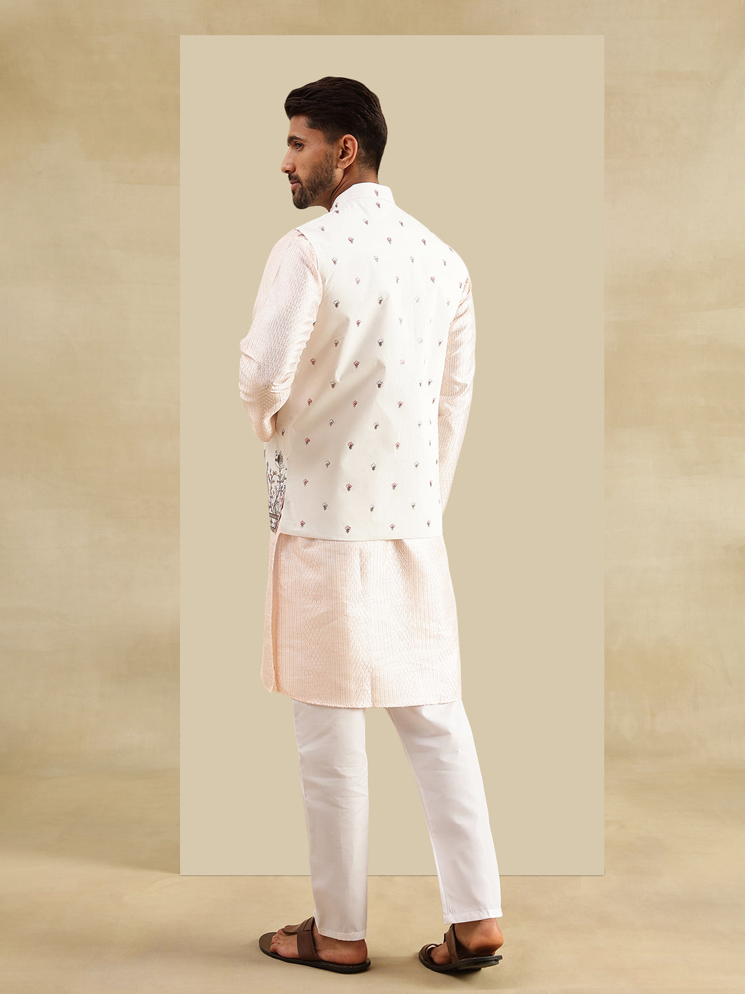 Men's Silk Blend Pink Kurta & White Pyjama With Daman Embroidered Cream Nehru Jacket