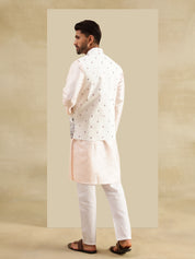 Men's Silk Blend Pink Kurta & White Pyjama With Daman Embroidered Cream Nehru Jacket