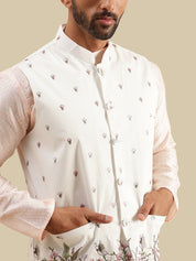 Men's Silk Blend Pink Kurta & White Pyjama With Daman Embroidered Cream Nehru Jacket