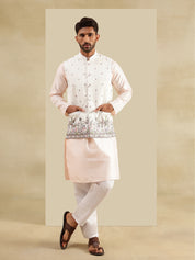 Men's Silk Blend Pink Kurta & White Pyjama With Daman Embroidered Cream Nehru Jacket