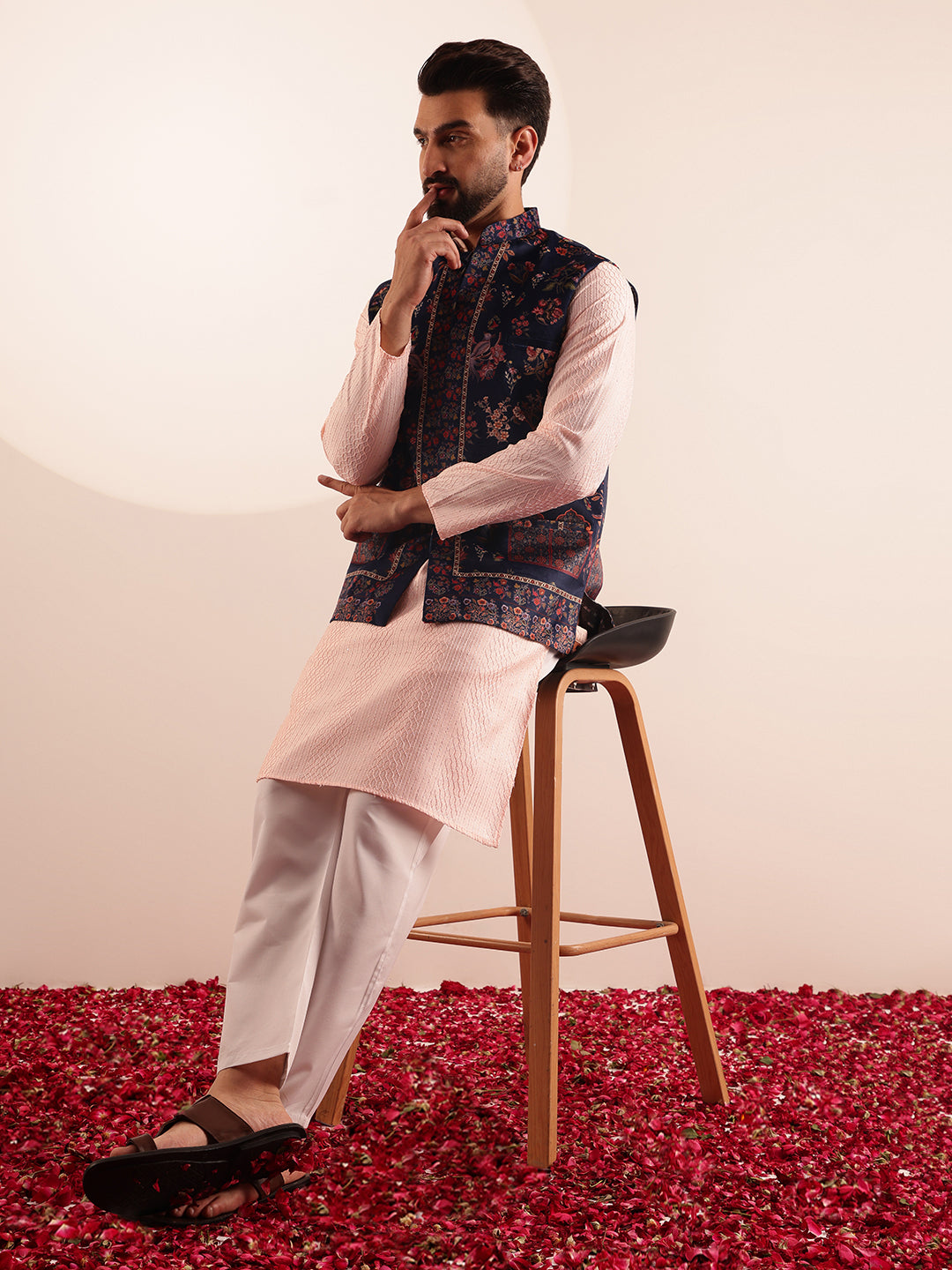 Men's Silk Blend Pink Kurta & White Pyjama With Velvet Paisley Design Navy Nehru Jacket