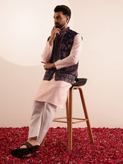 Men's Silk Blend Pink Kurta & White Pyjama With Velvet Paisley Design Navy Nehru Jacket