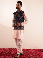 Men's Silk Blend Pink Kurta & White Pyjama With Velvet Paisley Design Navy Nehru Jacket