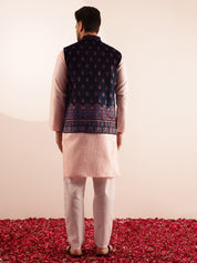 Men's Silk Blend Pink Kurta & White Pyjama With Velvet Paisley Design Navy Nehru Jacket