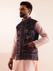 Men's Silk Blend Pink Kurta & White Pyjama With Velvet Paisley Design Navy Nehru Jacket