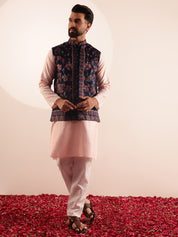 Men's Silk Blend Pink Kurta & White Pyjama With Velvet Paisley Design Navy Nehru Jacket