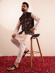 Men's Silk Blend Pink Kurta & White Pyjama With Velvet Paisley Design Black Nehru Jacket