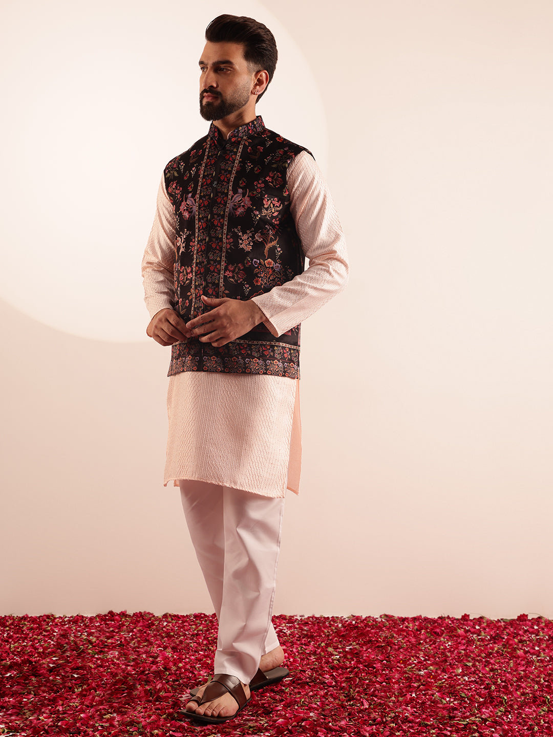Men's Silk Blend Pink Kurta & White Pyjama With Velvet Paisley Design Black Nehru Jacket