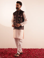 Men's Silk Blend Pink Kurta & White Pyjama With Velvet Paisley Design Black Nehru Jacket