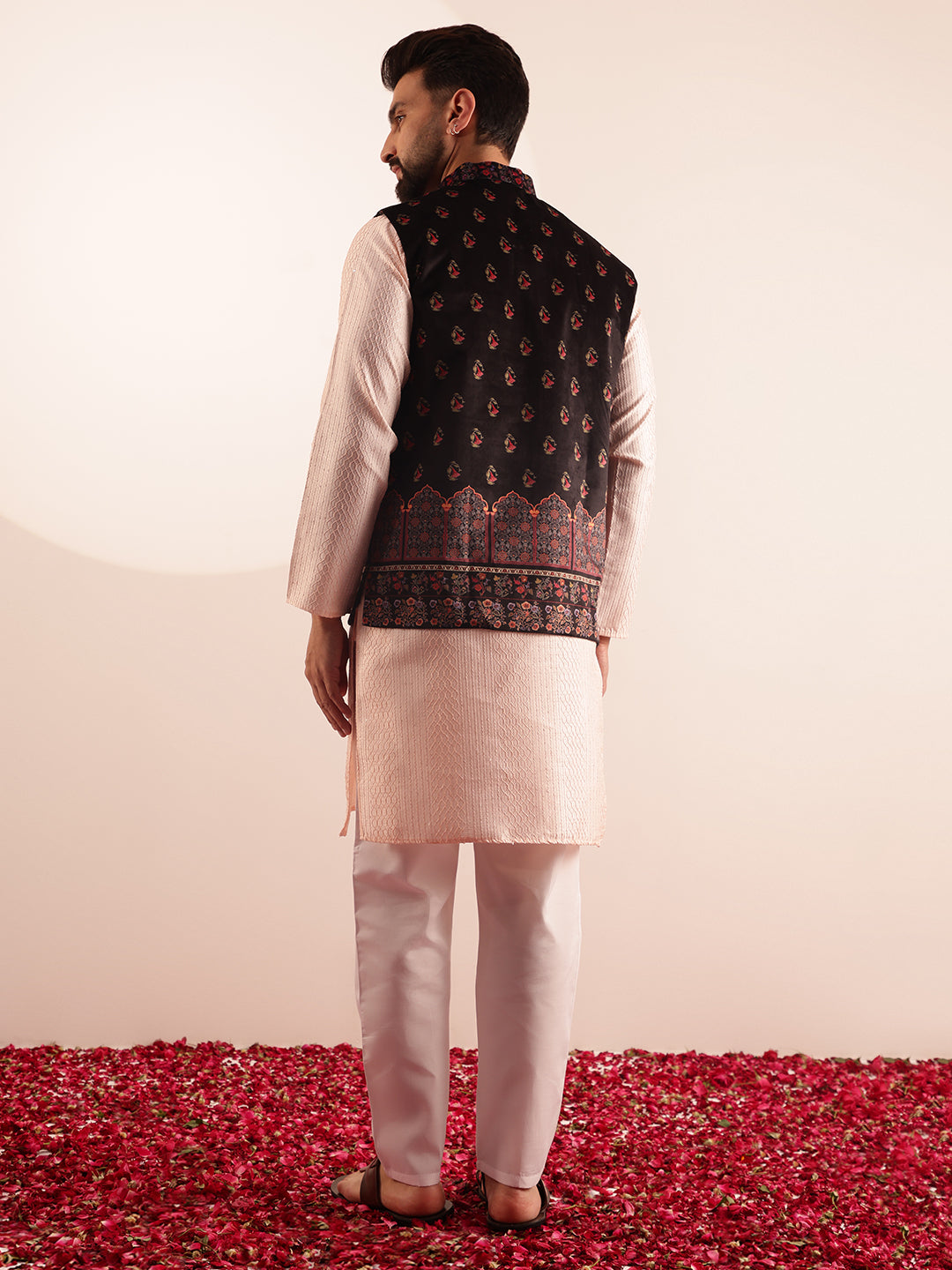 Men's Silk Blend Pink Kurta & White Pyjama With Velvet Paisley Design Black Nehru Jacket