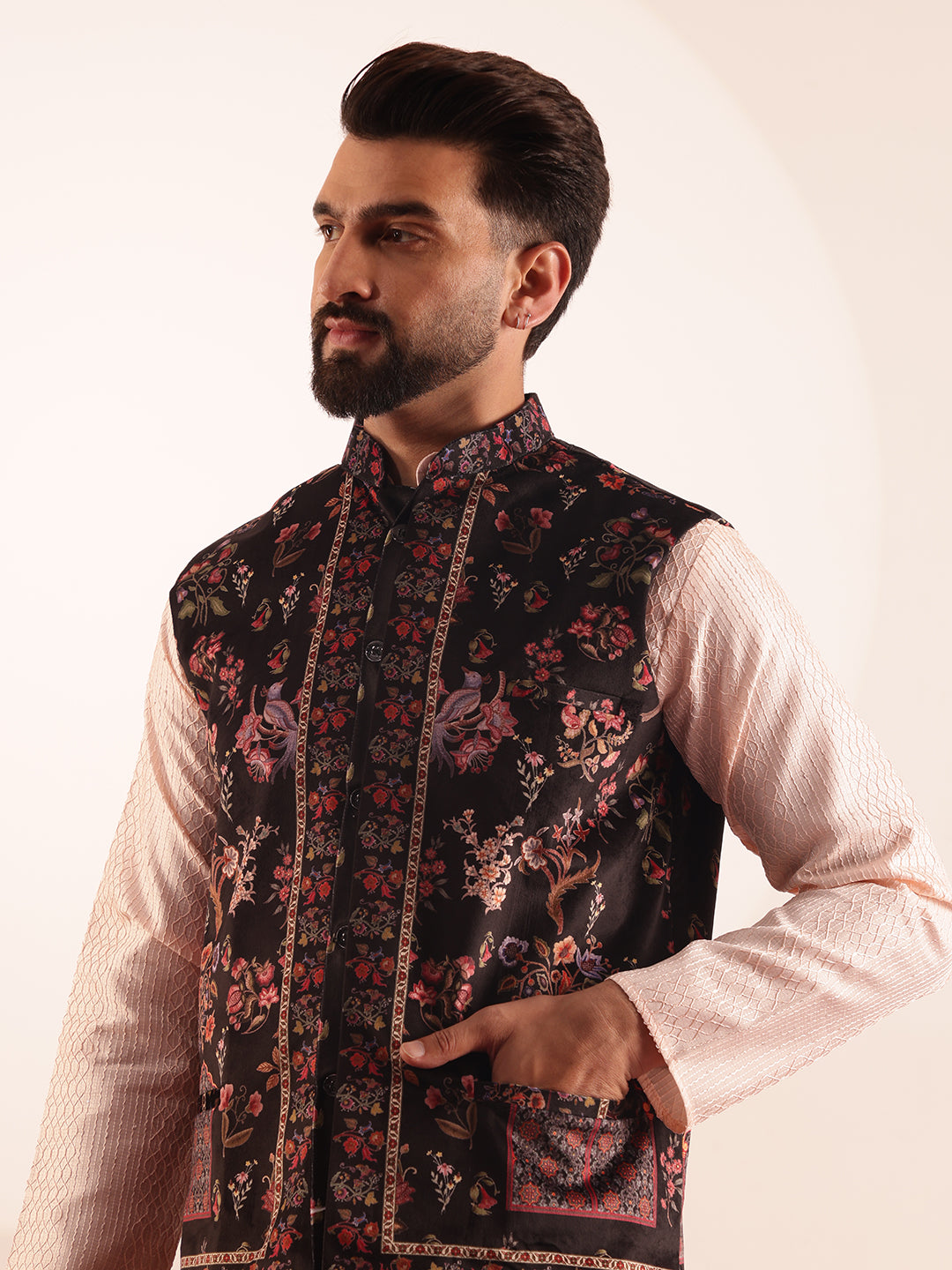 Men's Silk Blend Pink Kurta & White Pyjama With Velvet Paisley Design Black Nehru Jacket