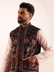 Men's Silk Blend Pink Kurta & White Pyjama With Velvet Paisley Design Black Nehru Jacket