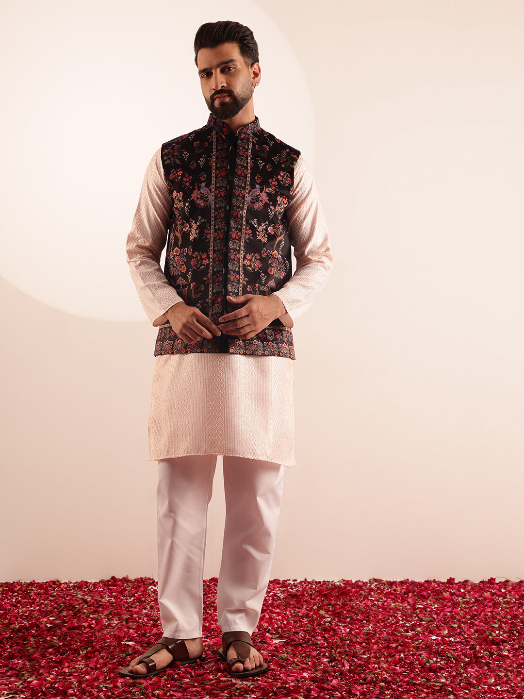 Men's Silk Blend Pink Kurta & White Pyjama With Velvet Paisley Design Black Nehru Jacket
