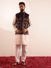 Men's Silk Blend Pink Kurta & White Pyjama With Velvet Paisley Design Black Nehru Jacket