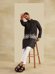 Men's Silk Blend Black Kurta & White Pyjama With Daman Embroidered Black Nehru Jacket