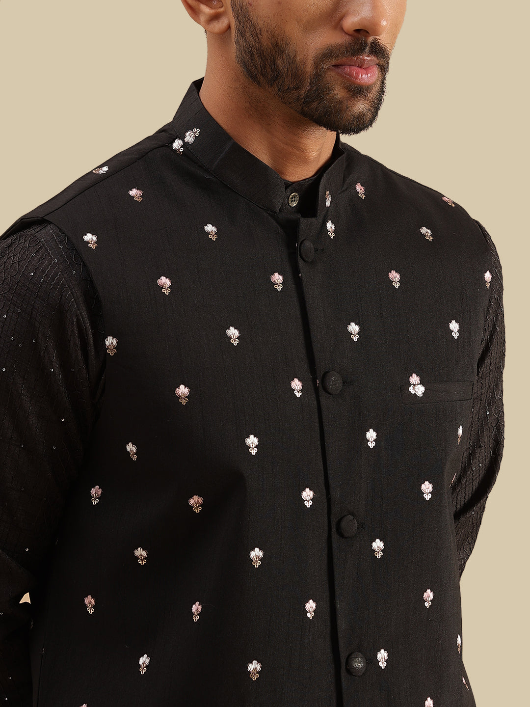 Men's Silk Blend Black Kurta & White Pyjama With Daman Embroidered Black Nehru Jacket
