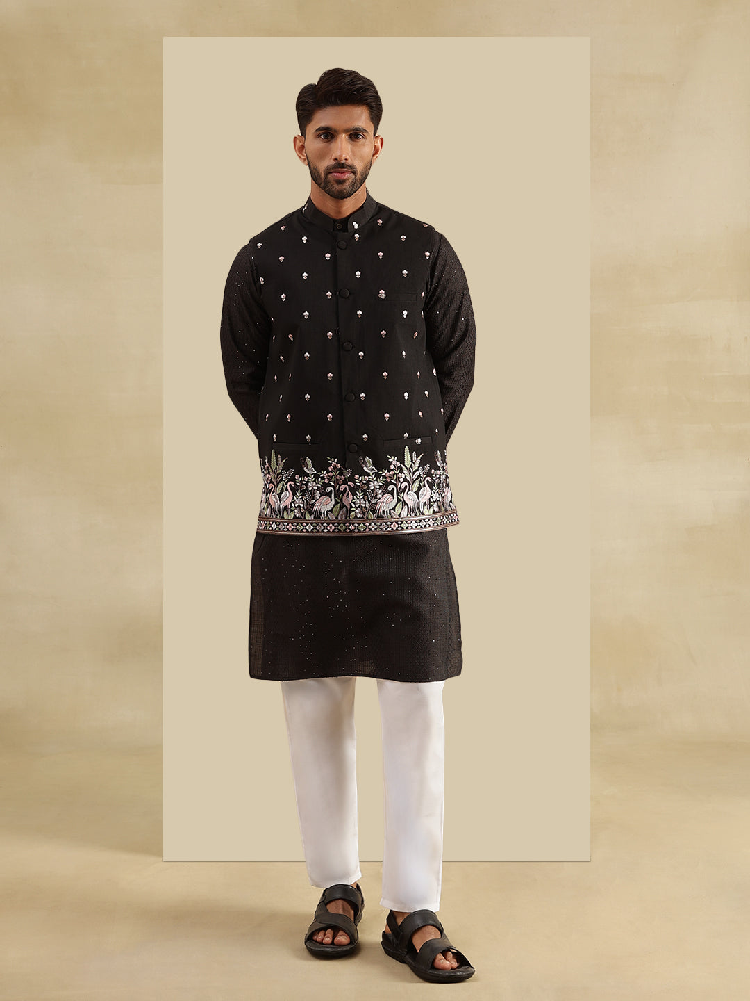 Men's Silk Blend Black Kurta & White Pyjama With Daman Embroidered Black Nehru Jacket