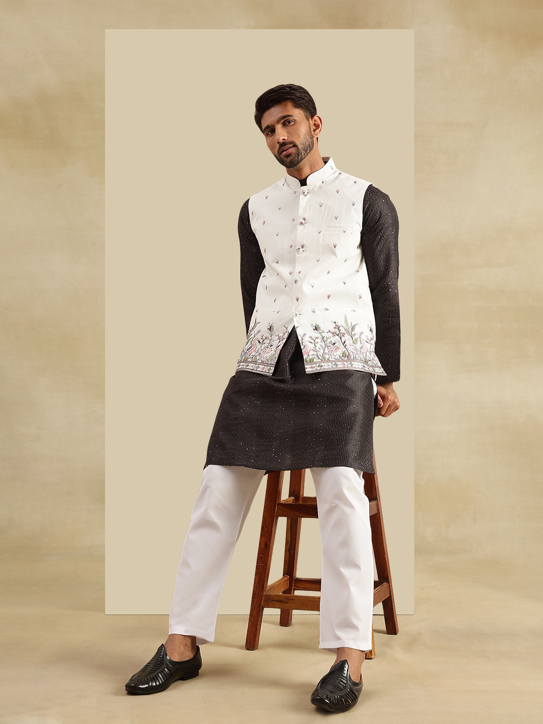 Men's Silk Blend Black Kurta & White Pyjama With Daman Embroidered Cream Nehru Jacket