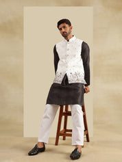 Men's Silk Blend Black Kurta & White Pyjama With Daman Embroidered Cream Nehru Jacket