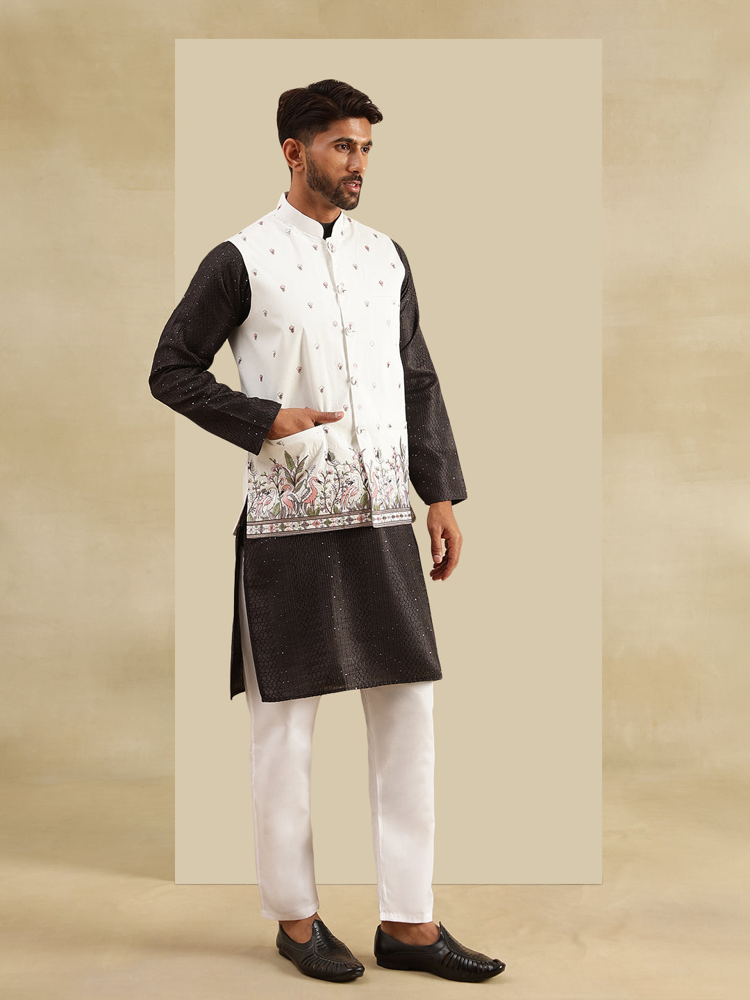 Men's Silk Blend Black Kurta & White Pyjama With Daman Embroidered Cream Nehru Jacket