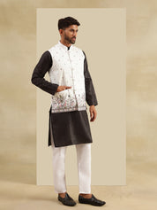 Men's Silk Blend Black Kurta & White Pyjama With Daman Embroidered Cream Nehru Jacket