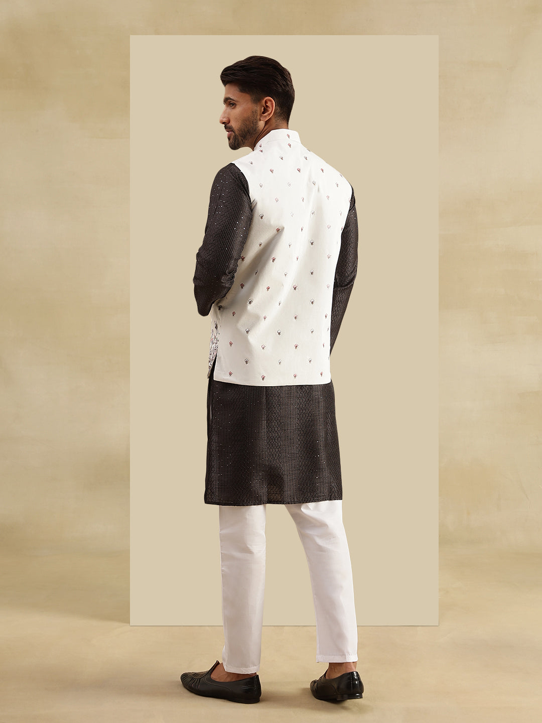 Men's Silk Blend Black Kurta & White Pyjama With Daman Embroidered Cream Nehru Jacket